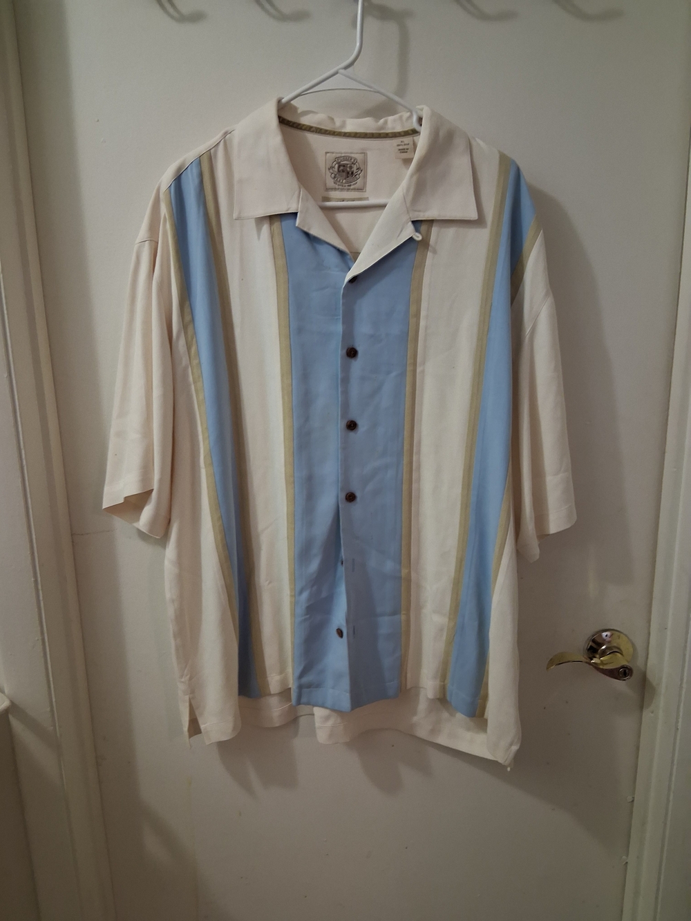 Pusser's West Indies Vintage Mens XL Silk Blue White Tan Stripe Button-Up - Picture 2 of 5